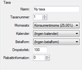 13 / 63 7.1.1 Ny taxa I arbetsvyn för en ny taxa visas ett antal inställningar och en lista på block i taxan. Dubbelklicka på ett block i listan och du hoppar till blocket i trädstrukturen.