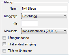 36 / 63 Gruppen Tillägg innehåller allmänna inställningar för tillägget. Namn är det namn som visas i taxametern när man ska välja ett tillägg. Namnet visas även på kvittot.