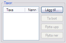 38 / 63 I gruppen Taxor kan man lista upp till fem favorittaxor, deras namn kommer att visas ovanför funktionsknapparna på taxametern vid taxaval.