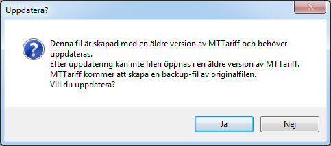 5 / 63 4 Filformat MTTariff handhar två olika filformat, ett XML-format och ett binärformat. XMLformatet (filändelse.