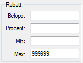 51 / 63 7.13.1 Ny rabattmodell Ny rabattmodell innehåller två grupper med inställningar: Inställningar och Rabatt. Gruppen Inställningar innehåller allmänna inställningar för denna rabattmodell.