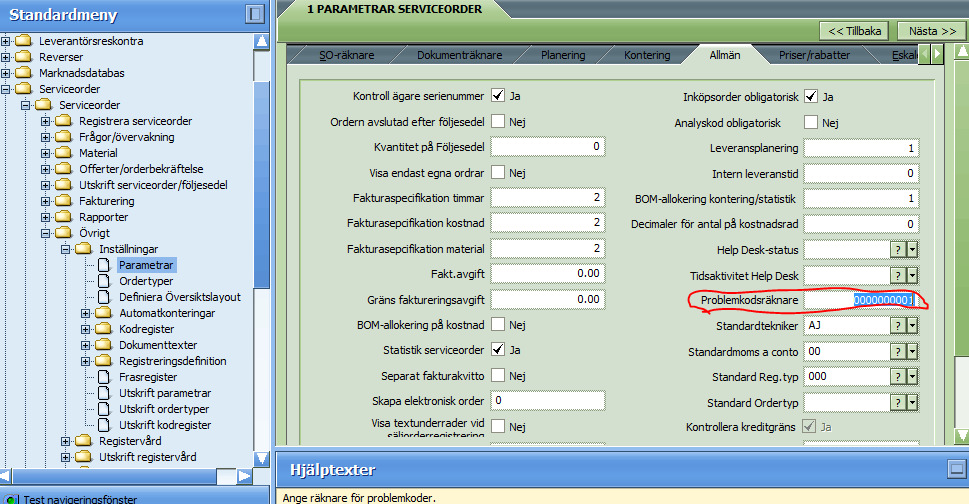 På nästa flik, Allmän, är endast parametern Problemkodsräknare