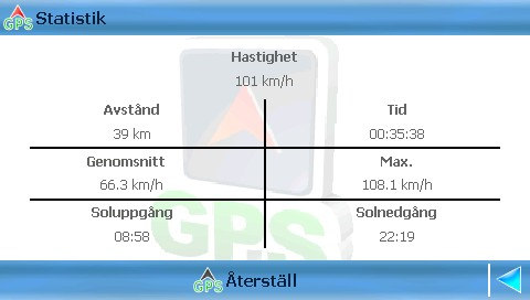 Tredje skärmen Alla satelliters signalstyrka. Färgernas betydelse: grön stark GPS-signal för denna satellit. röd svag GPS-signal för denna satellit.