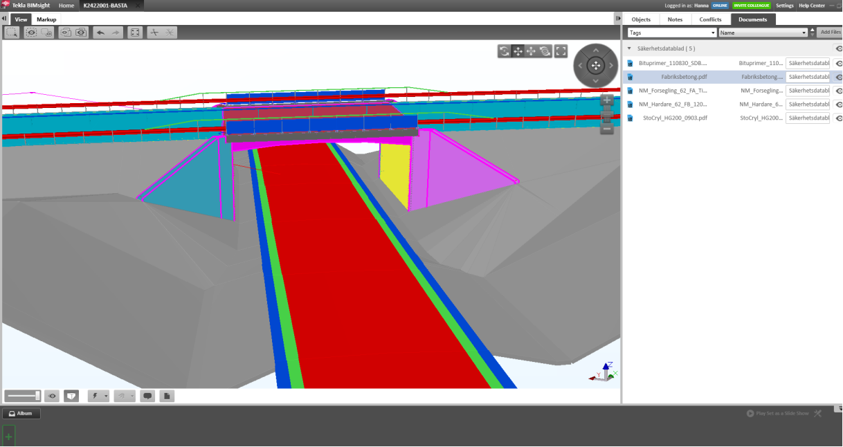 BIM I projektet modellerades delen bro i BIM. Under projektet BmB framfördes önskemål att införa attributen för farliga ämnen i modellen.