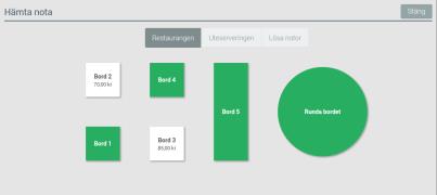 Klicka på Hämta Välj bordskarta och klicka på bordet vars nota ska hämtas. Bord med en parkerad nota visas i vitt. Notan är öppen. Slå in produkterna ni vill lägga till i notan. Parkera notan.