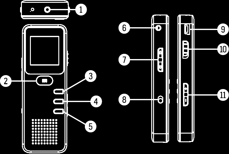 ZAP DVR-X3 Art.nr. 150346 I förpackningen Bruksanvisning, USB-kabel samt hörlurar. Knappar och kontroller 1.