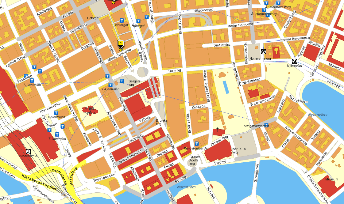 2 5 4 3 Grundförutsättningar för ett fungerande Brunkebergstorg ) Ett obrutet och starkt och tydligt gångstråk, från Hötorget till Gustav Adolfs Torg.