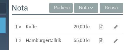 Du kan ha flera notor och du namnger varje nota som du skapar. Knapparna Parkera, Hämta och Nota finns högst upp till höger på skärmen.