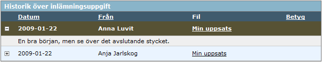 Om kursdeltagaren har någon kommentar till sin inlämning skriver han/hon denna i kommentarsfältet. Kursdeltagaren klickar sedan på Bläddra/Browse och väljer en fil från sin dator.