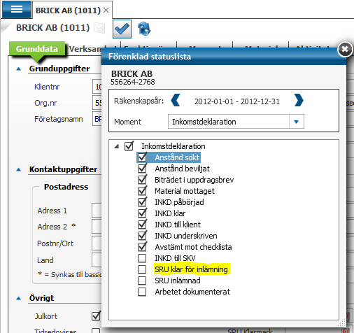 Klarmarkerad för SRU-inlämning: Detta är en kontrollpunkt. För att kunna skicka iväg en SRU-fil ska denna vara ibockad. (läs mer under rubriken klarmarkering av fil).