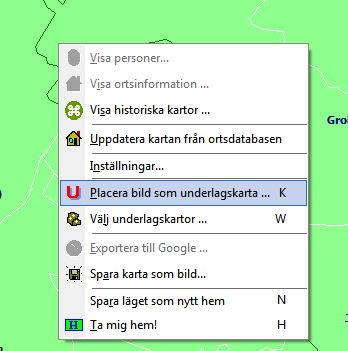 14 Kartfunktionen i Disgen 8.2d, Fortsättningskurs Panelen för placering av kartbilder Aktivera panelen genom att högerklicka i kartfönstret och välj Placera bild som underlagskarta.