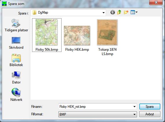 Kartfunktionen i Disgen 8.2d, Fortsättningskurs 39 Spara roterad kartbild När du är nöjd skall du spara resultatet av placeringen. Tryck Spara. Eftersom bilden har vridits, har en ny bild skapats.