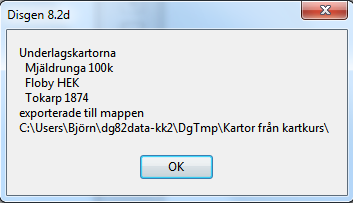 Kartfunktionen i Disgen 8.2d, Fortsättningskurs 55 En Spara-dialog visas. Denna har rubriken Namnge din kartexport (mapp skapas automatiskt) Du skall alltså ange ett namn för din export.
