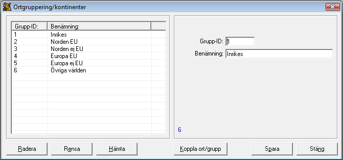 Ortgruppering/Kontinenter Varje ort i ortsregistret är kopplad både mot ett land och en grupp/kontinent.