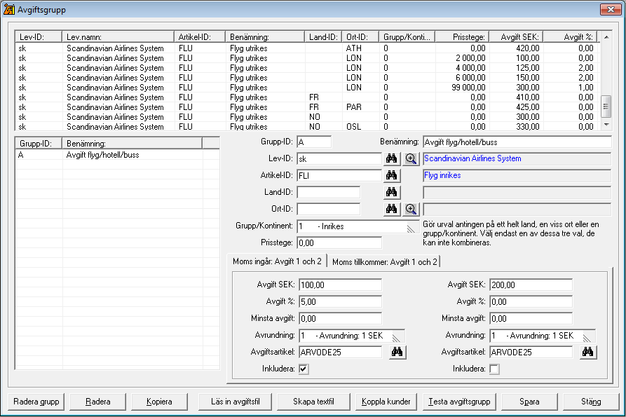 Avgifter: Kundgrupp För att automatisera avgiftshanteringen beroende på vart man reser måste man lägga upp avgiftsgrupper.