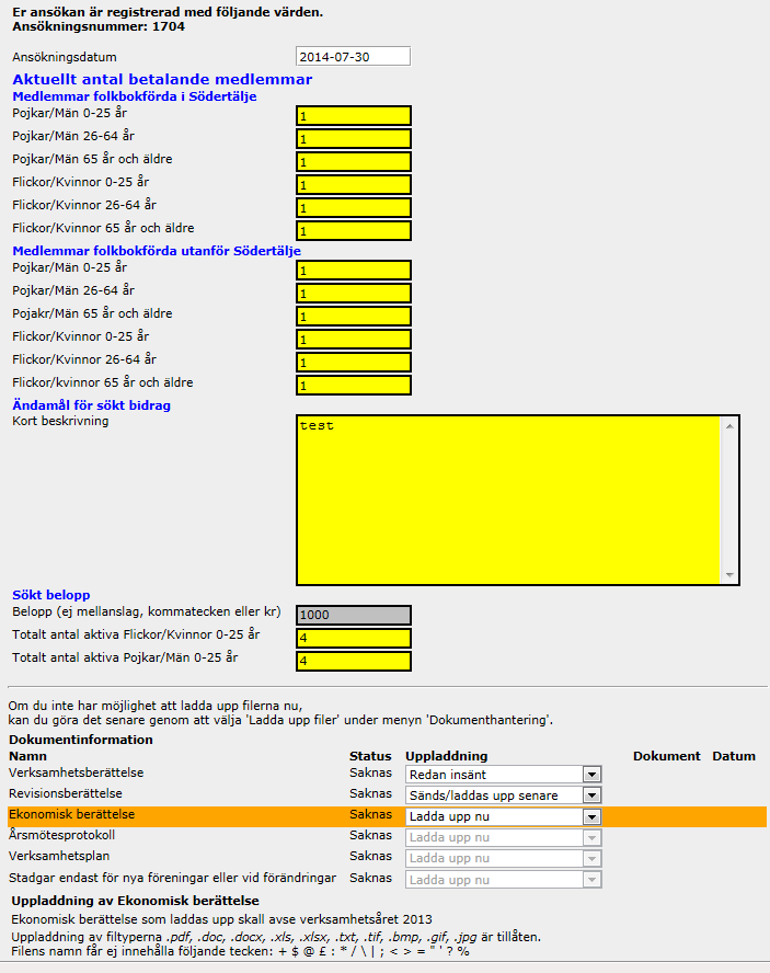 Ladda upp filerna under den dokumenttyp och år som dokumentet tillhör. Se till att dokumentet är samlat så ni inte laddar upp tex årsmötesprotokollet flera gånger.