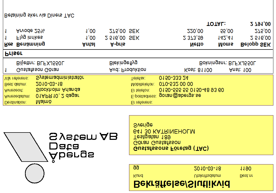 Kundens bekräftelse/kvitto kan se ut så här.