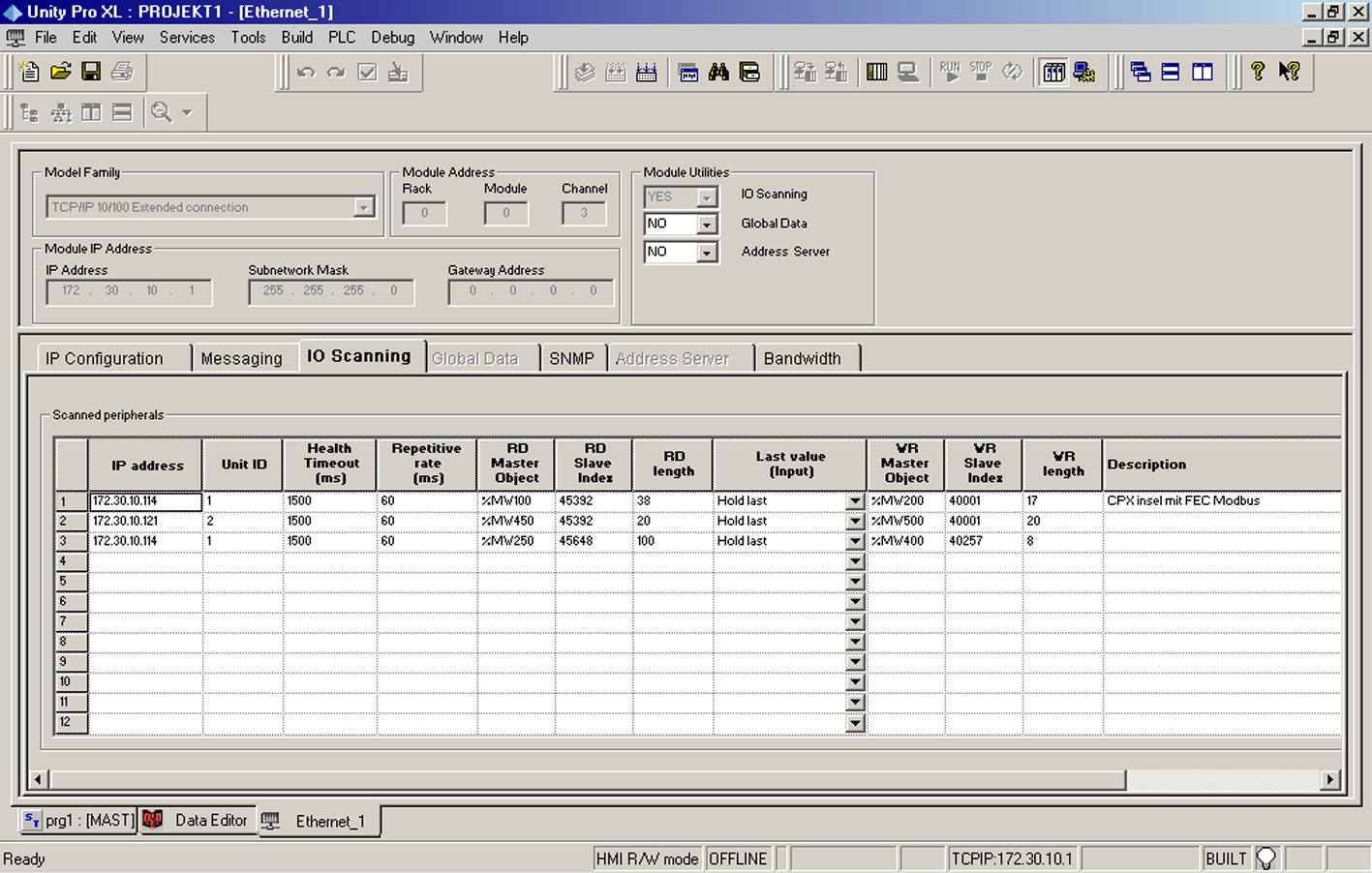 6. Remote I/O Ethernet 1 2 3 1 IP adress till en CPX FEC 3 Modbus startadress (utgångar) 2 Modbus startadress (ingångar) Bild6/2: