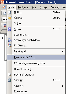 Presentera PowerPoint-bildspel med TeamBoard 120 Efter att ha paketerat presentationen kan den packas upp för att köras på andra datorer. 1. Före att starta Paketera för CD-guiden välj FIL > PAKETERA FÖR CD.