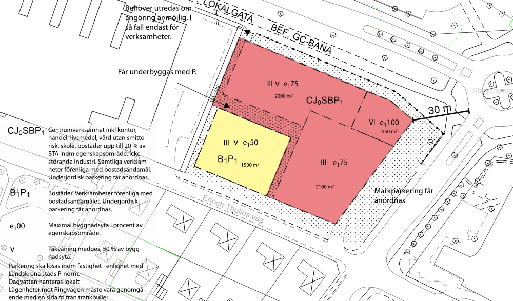 1.2.1 Planerad bebyggelse Det aktuella planärendet föranleds av att man vill möjliggöra för centrumverksamhet, kontor, handel, skola, vård och bostäder inom området.