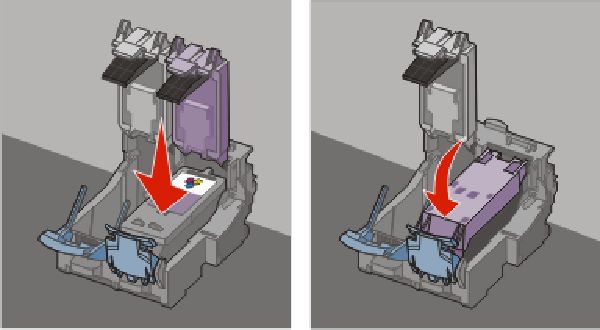 15 Ta bort tejpen från färgpatronen, sätt bläckpatronen i den högra hållaren