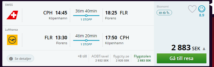 Ex. på flyg. Kastrup-Florens 18-22 maj. Priserna varierar från 1900-3000 kr. Pris Nedan pris är självkostnadspris. Ni betalar bara vad sakerna kostar, inget extra.