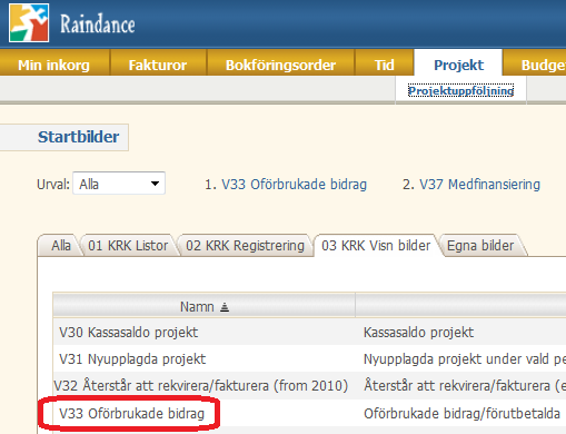 Kontroll av dispositionstider och projektstatus I Projektportalen, även kallad Kontraktreskontra, finns visningsbild V33 Oförbrukade bidrag.