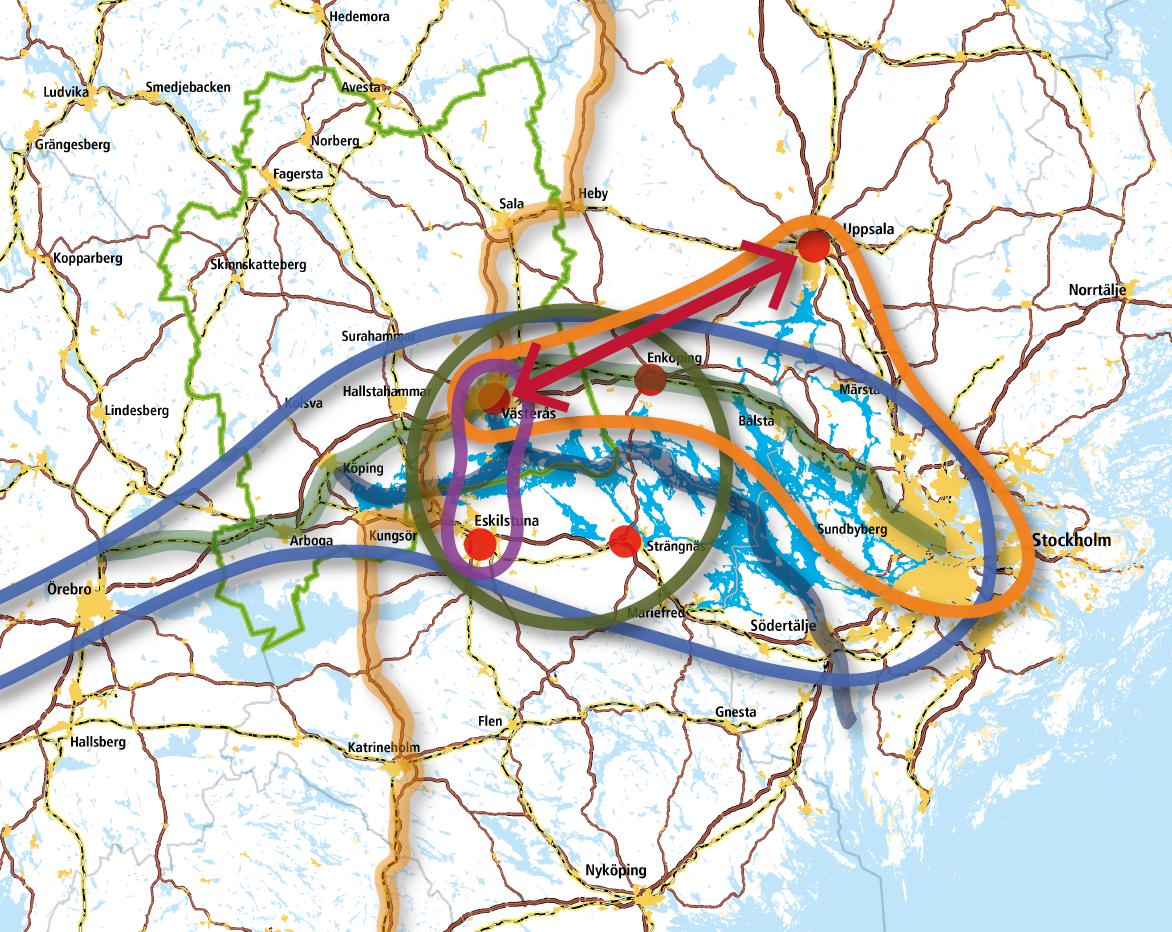 Diarienr 2013/403-KS Bild 1.3.1 De olika regionala samarbetenas geografiska omfattning samt geografisk sträckning av sak-samarbeten. 1.4 Godstråk, noder, terminaler i storregionen I Storregionen finns tre av Sveriges tio så kallade basflygplatser, Stockholm-Arlanda, Stockholm- Bromma och Visby flygplats.