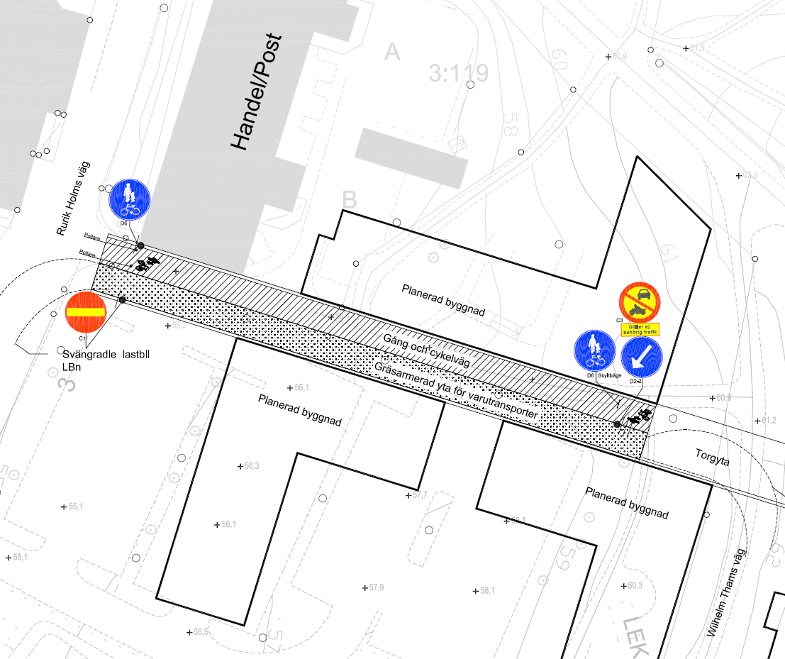 Förslag till skyltning och reglering För att säkerställa att endast behöriga fordon trafikerar länken och att fordonstrafiken hålls inom anvisat område föreslås följande åtgärder: Olika beläggning på