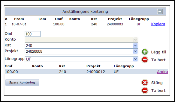 Kontering Klicka på knappen Kontering, då öppnas ett fönster att fylla i. Den första konteringen i varje resa/utlägg måste vara ifylld.