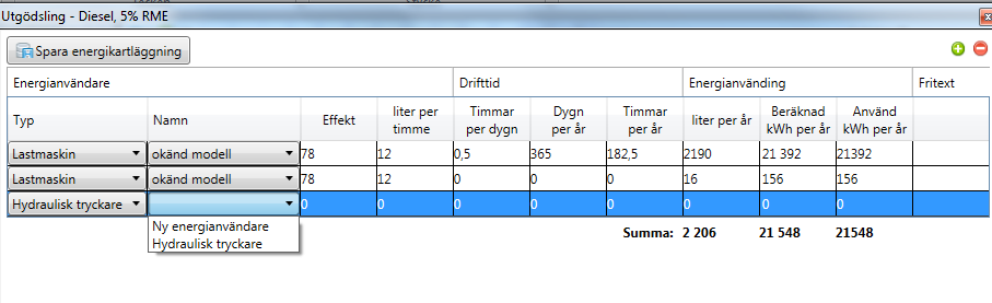 Exempel på nonsensmodell där Ny energianvändare har döpts till okänd modell Oavsett typ av kartläggningstabell kan du välja Typ och sen skriva i en egen modell av maskinen under Namn.