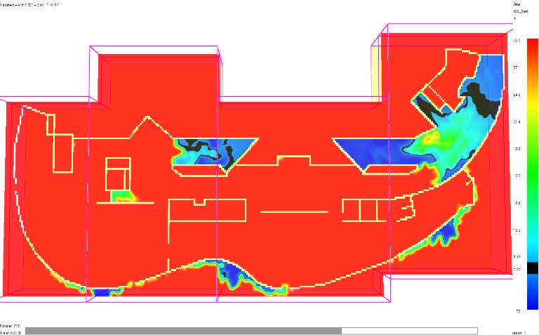 Figur 18.54. Simuleringens utseende efter fem minuter. Plan 1 till vänster och plan 2 till höger. Figur 18.