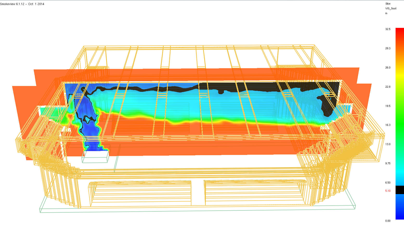 Figur 8.4 Slice file över sikten i arenahallen sju och en halv minut efter antändning. Ovanför det svarta området är sikten kortare än 5 meter. 8.4 Utrymningssimulering I detta avsnitt presenteras scenarier för utrymningen.