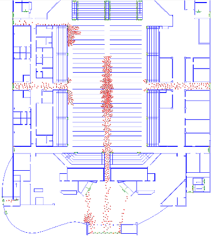 9.6 Sammanvägning av simuleringsresultat I detta avsnitt presenteras en jämförelse mellan FDS-simuleringar och simuleringar av utrymning i Simulex. 9.6.1 Grundscenario Vid FDS-simulering uppskattas tiden till brandgasspridning via trappor i huvudentrén upp till plan 2.