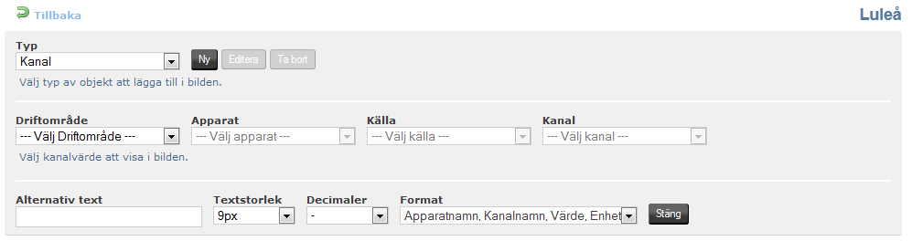 Om man klickar på Ladda upp ny bild kommer man först till val av bakgrundsbild. Där ska man ange Namn för bildvyn samt välja en bild av lämplig storlek (under 600kb) genom att klicka på Bläddra.