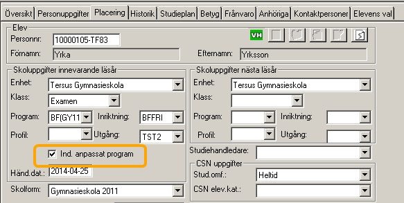 Individuellt anpassat program Nu finns möjlighet att ange om en elev läser ett individuellt anpassat program.
