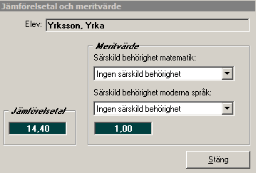 Jämförelsetal och meritpoäng Det finns nu en ny högermeny Jämförelsetal/Meritvärde under huvudflik Elev, detaljflik Studieplan och detaljflik Betyg.