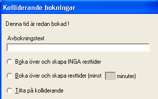 Om man klickar i valet titta på kolliderande så visas en bild som på vilka bokningar som kolliderar 2012-10-31 När man klickar på avbryt kommer man tillbaka till denna bild och kan välja hur man vill