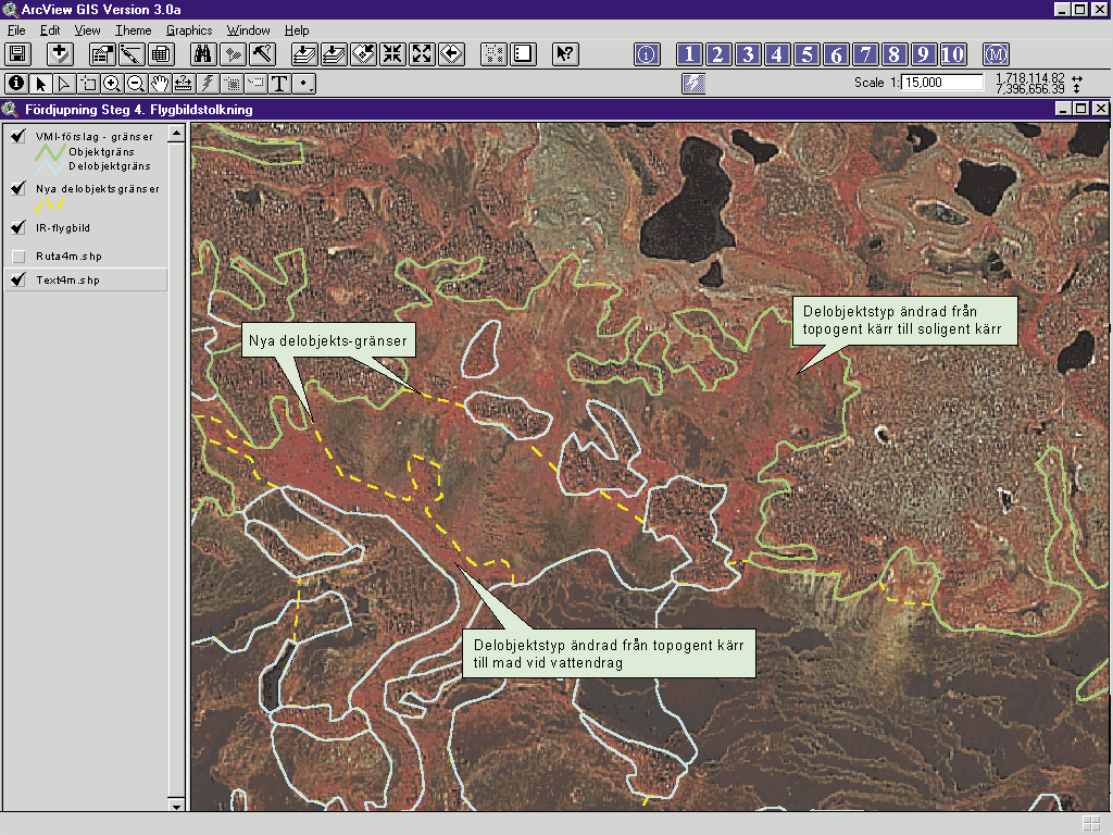 Figur 12. IR-flygbild med noteringar om nya gränser och typer som ritats in på plastfilmen. FÖRDJUPNING STEG 4.