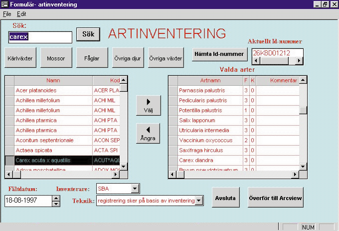 Figur 25. Detta formulär används för att mata in artlistorna i databasen. Figur 26. ArcView hanterar de tabeller där datat lagras. FÖRDJUPNING STEG 9.