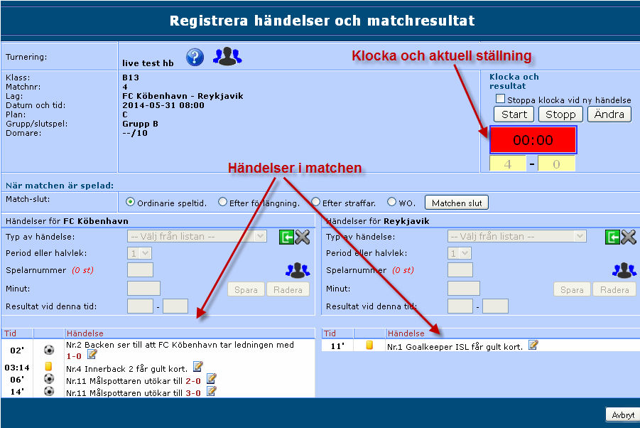 Sid 22 Registreringsbilden delas in i olika avsnitt. Överst visas information kring vald match, klocka samt aktuell ställning.