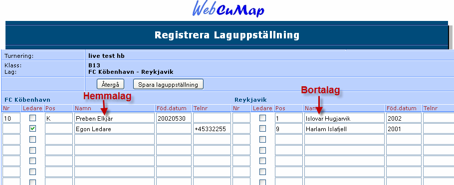 Nu visas laguppställning för hemmalaget (till vänster) samt bortalaget (till höger). OBS!