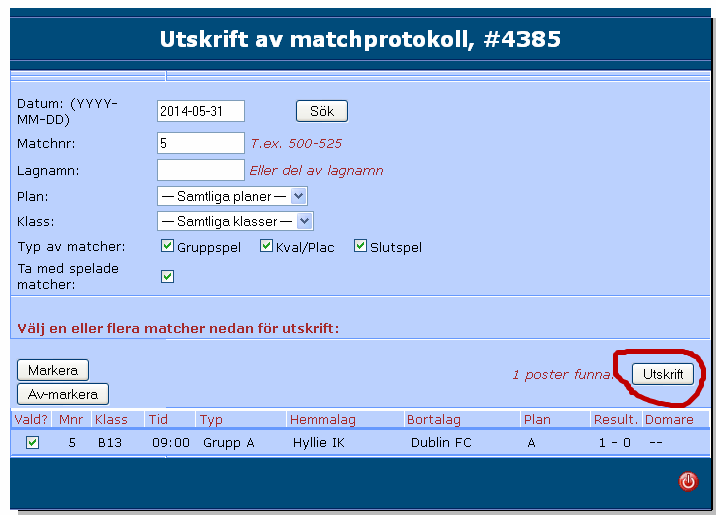 Sid 25 Matchen slut Komplettera med eventuellt matchslut och klicka på knappen Matchen slut.