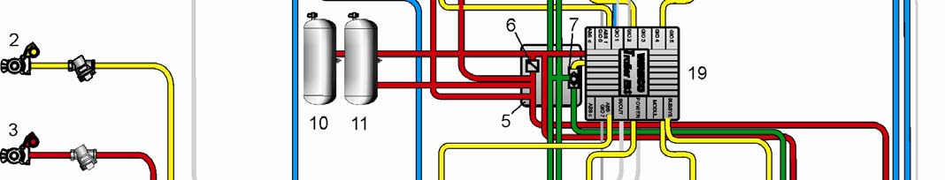 Modul (PEM) 6 Överströmningsventil (integrerad i PEM) 7 Överlastventil (integrerad i PEM) 8 Färdbromsdelar på Tristop cylindrarna 9 Tristop cylinder 10 Behållare för färdbromsanläggningen 11