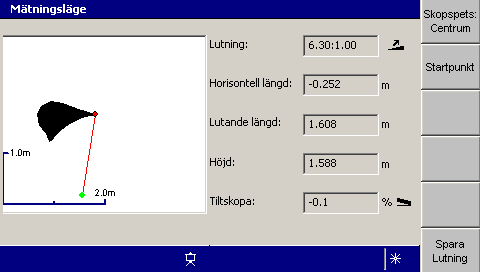 Använda 2D-styrning i fält 4 Så här mäter du avståndet mellan två punkter: 1. Utgå från någon av skärmbilderna med styrinformation och tryck på M. 2. Välj Mätningsläge. 3.