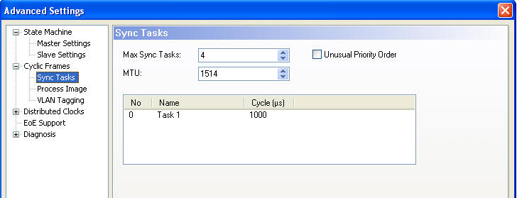 7 MTU (Maximum Task Unit) Under Advanced Settings / Cyclic Frames / Sync Tasks är det även möjligt att ställa in maximala storleken i antal bytes för en EtherCAT-frame.