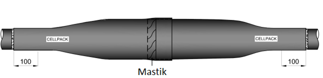 TT-sats Vid användning av TT-sats, linda ett varv med mastik med början 10 mm in på kabelmanteln och in mot skarvens mitt, totalt 50 mm lindningslängd.