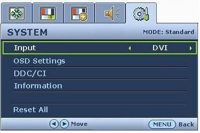 Systemmenyn 1. Tryck på MENU-knappen för att visa huvudmenyn. 2. Tryck på knapparna eller för att välja SYSTEM och tryck sedan på ENTER-knappen för att gå in på menyn. 3.