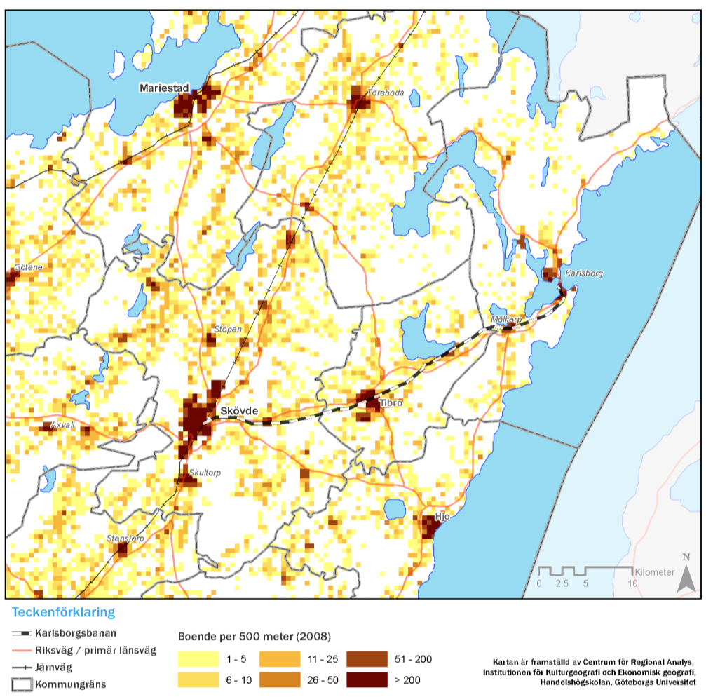 Remissexemplar 2012-07-02 Persontrafik 3 Marknad 3.1 Befolkning Nedanstående karta visar den geografiska lokaliseringen av boende utmed Karlsborgsbanan.