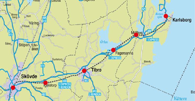 Remissexemplar 2012-07-02 Förutom i Karlsborg och Skövde bygger trafikupplägget på att tåget kan komma att göra uppehåll i de fyra mellanliggande tätorterna Mölltorp, Fagersanna, Tibro och Igelstorp.